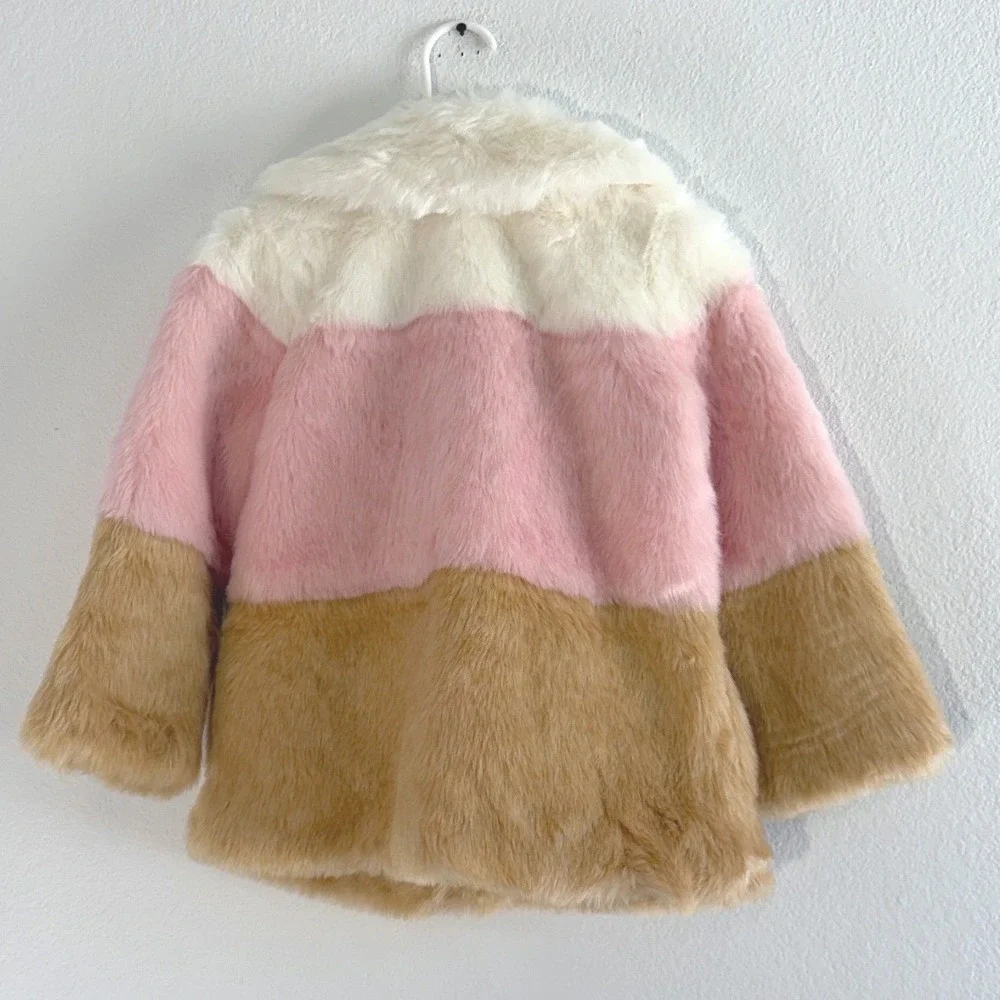 Janie and Jack Kids Pink Tan Cream‎ Colorblock Faux Fur Coat Jacket Size 3-4